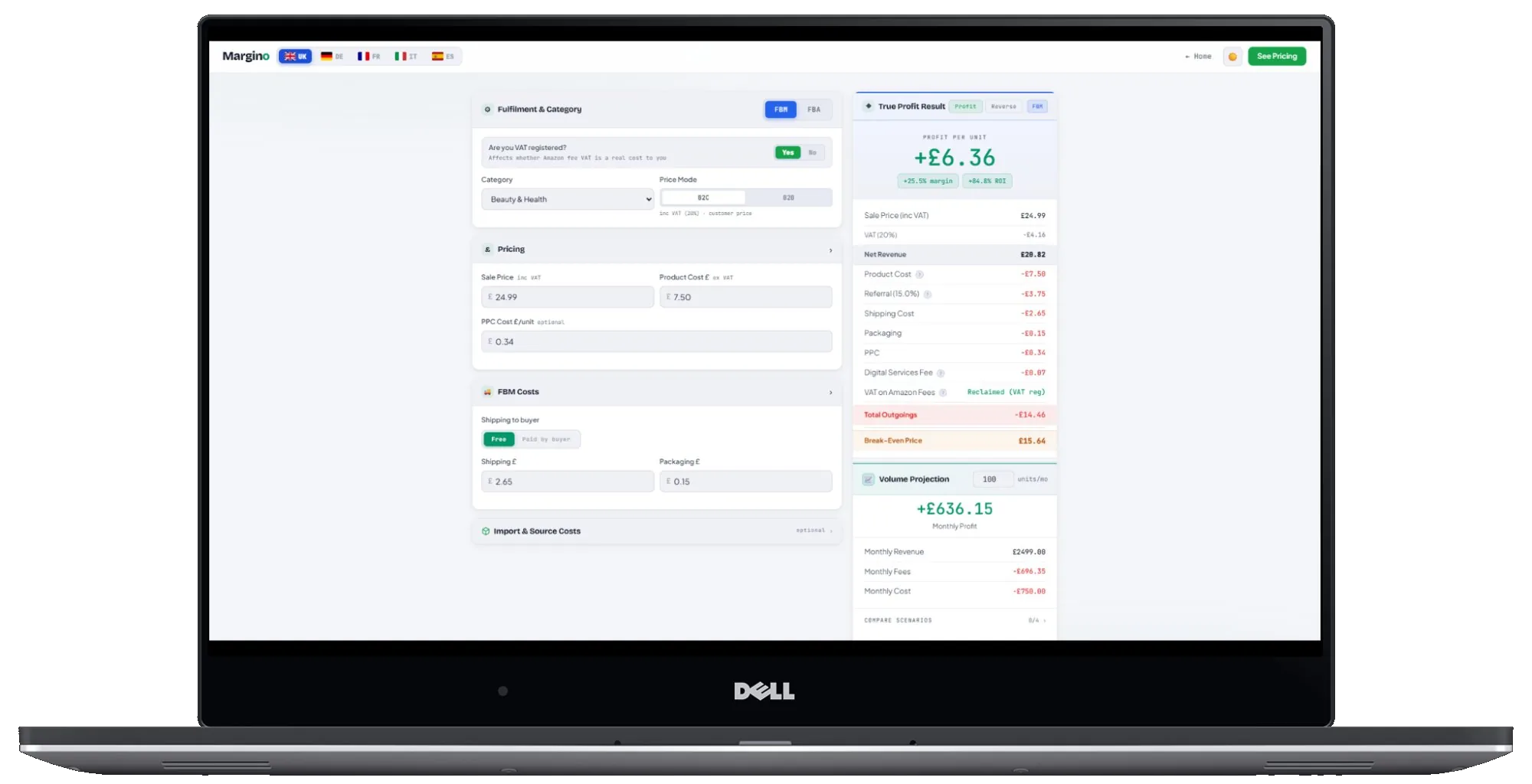 Margino Amazon FBA Calculator on laptop
