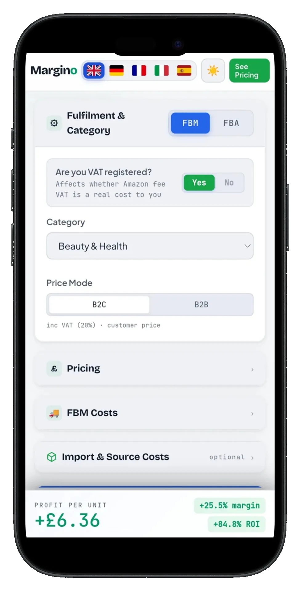 Margino calculator on mobile